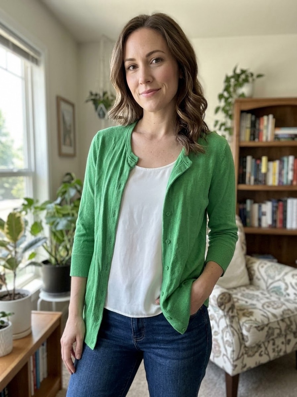 Ellen Tracy Bright Green Lightweight Button-Front Cardigan